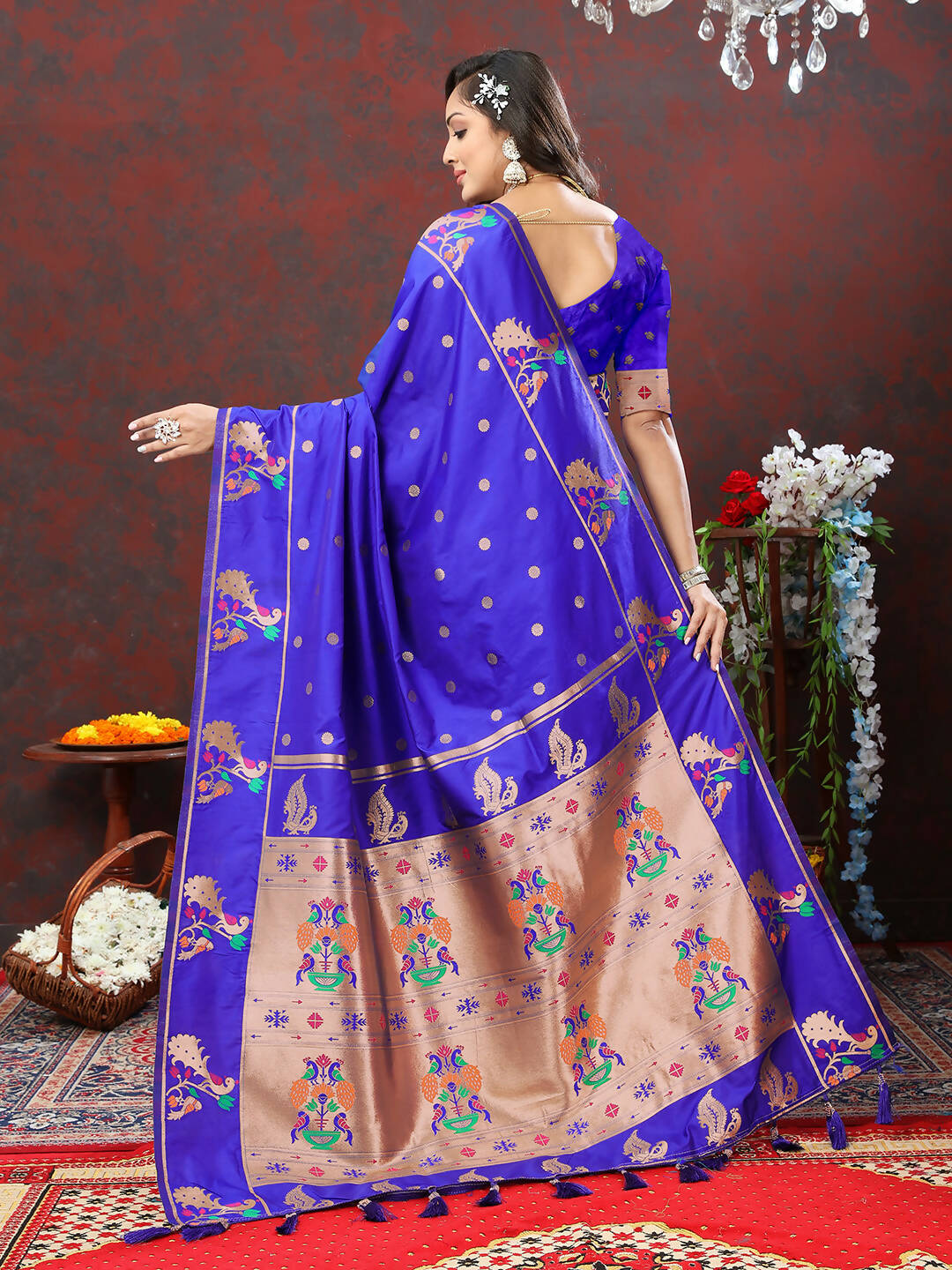 Lorenvalley Fashion Blue Soft Paithani Silk Woven Design Copper Zari Meenakari Weaving Saree - Swadesiicart