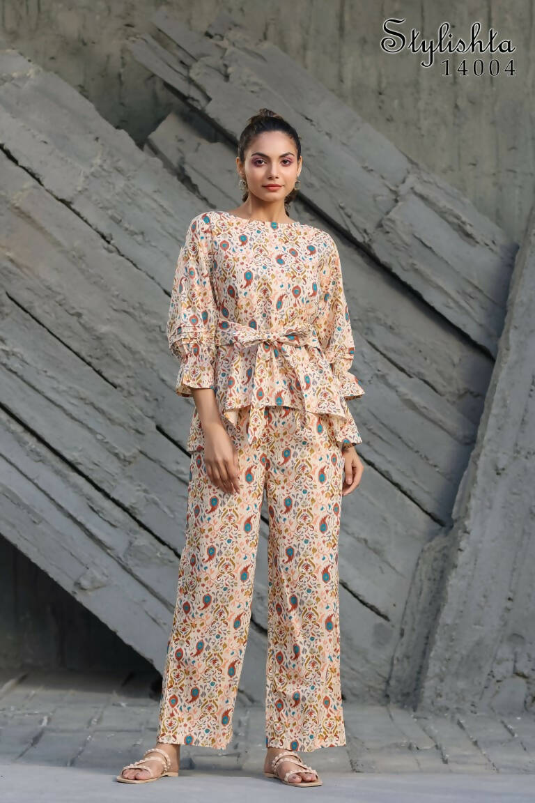 Women's Partywear Designer Cream & Multi Muslin co-ord set - Stylishta - Swadesiicart