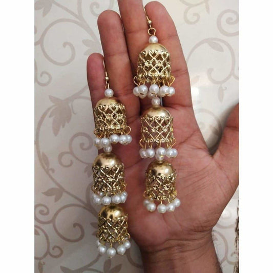 MS Fashion India Bridal Gold-Polished White Pearl Hanging Jhumka Earrings | Swadesiicart