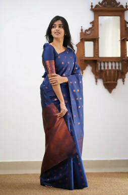 DEIANA'S Beautiful Designer Golden zari Soft Lichi Silk Saree - Blue - Swadesiicart