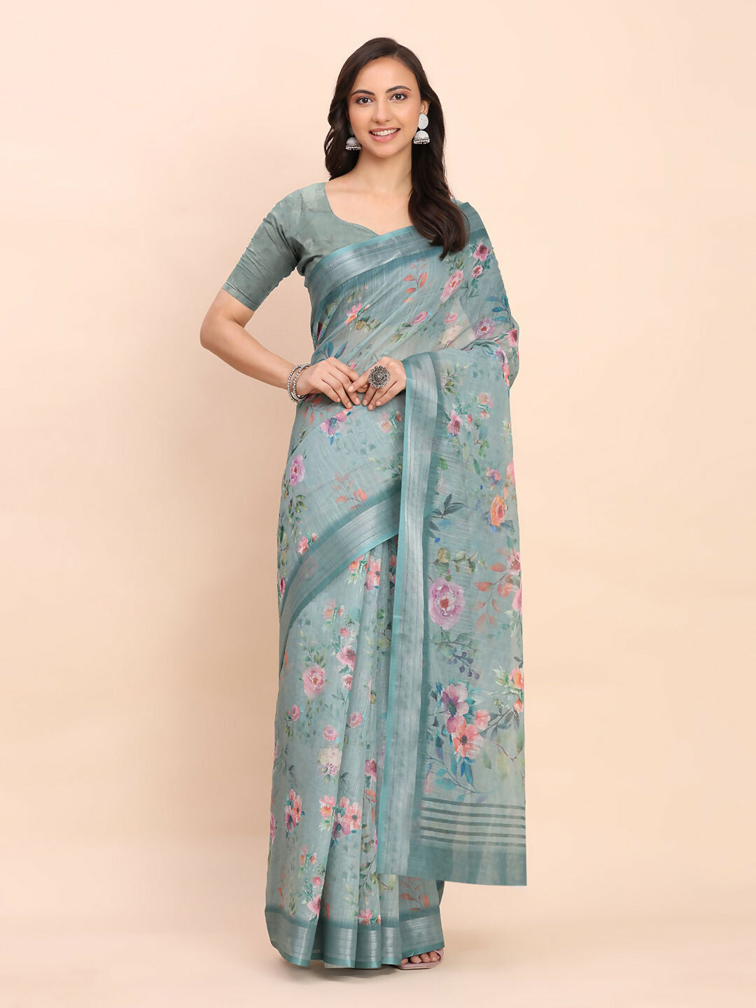 Shree Shyam Fashion Linen Cotton Sea Green Saree