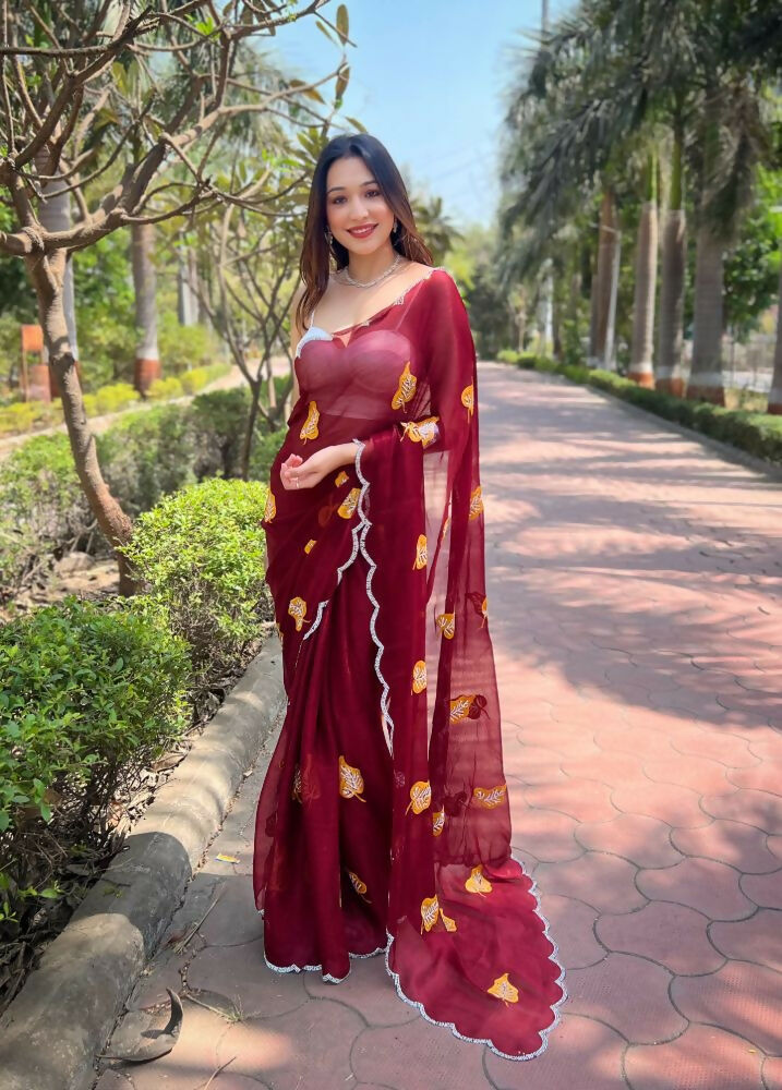Vamsee Ashvini Maroon Chiffon Saree - Swadesiicart