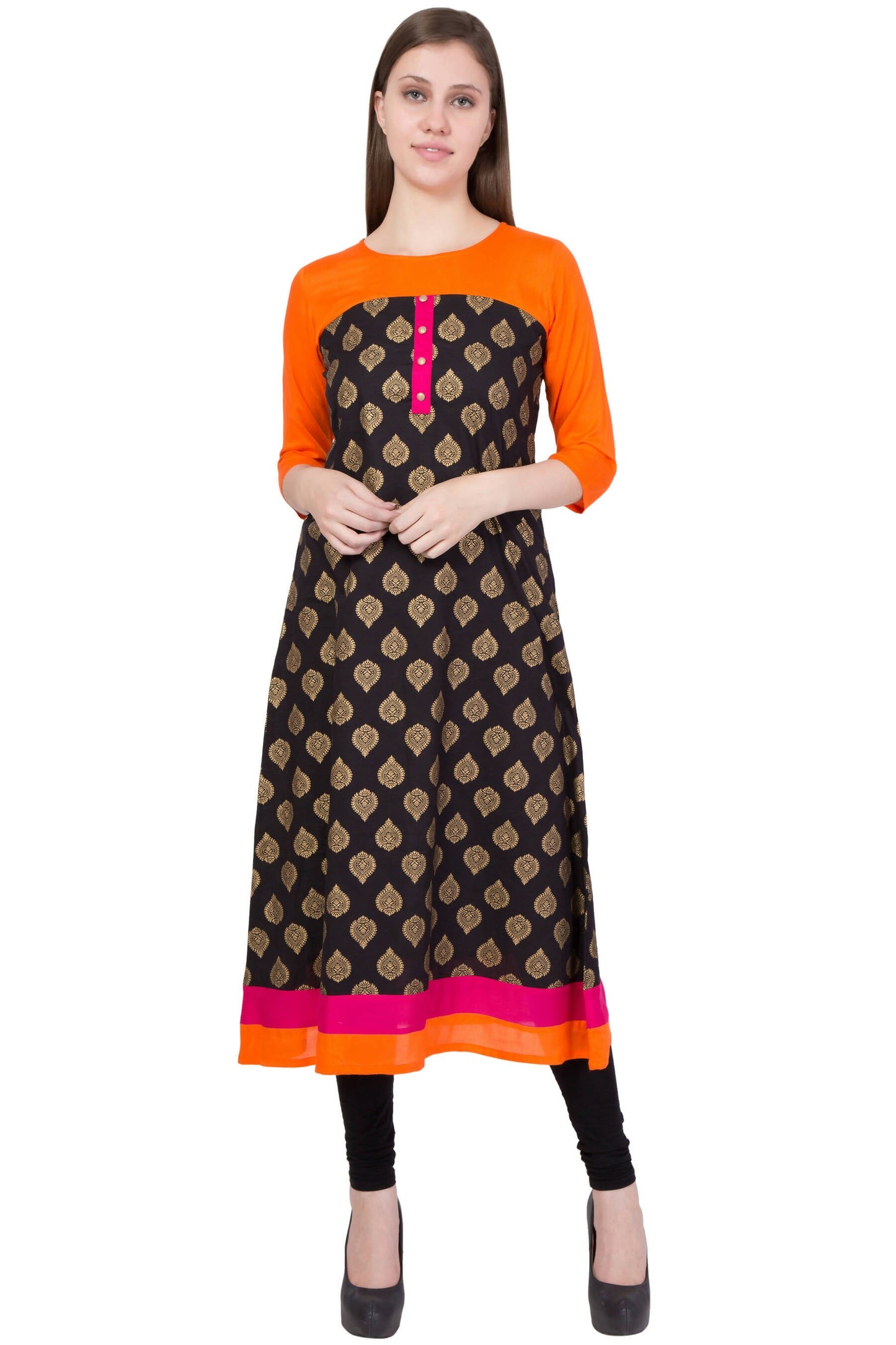 Women's Orange Round Neck Kurti With Contrast Panel In Printed Gold - G & A Apparels | Swadesiicart