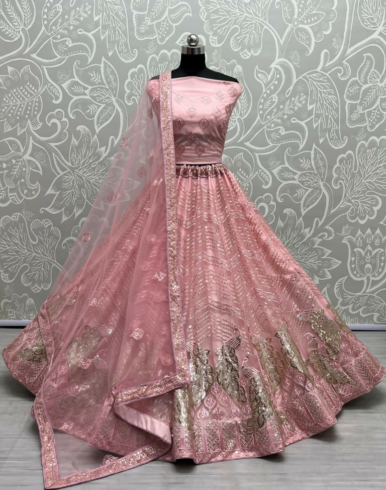 Jyoti Fashion Women's Pink Bridal Net Fancy Foil & Sequins with Multi Thread Embroidered Wedding Lehenga Choli | Swadesiicart
