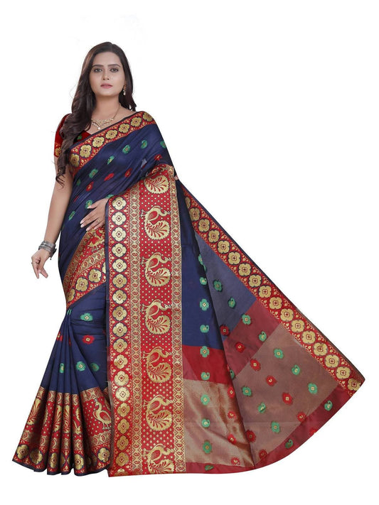 Vamika Banarasi Cotton Silk Navy Blue Weaving Saree | Swadesiicart