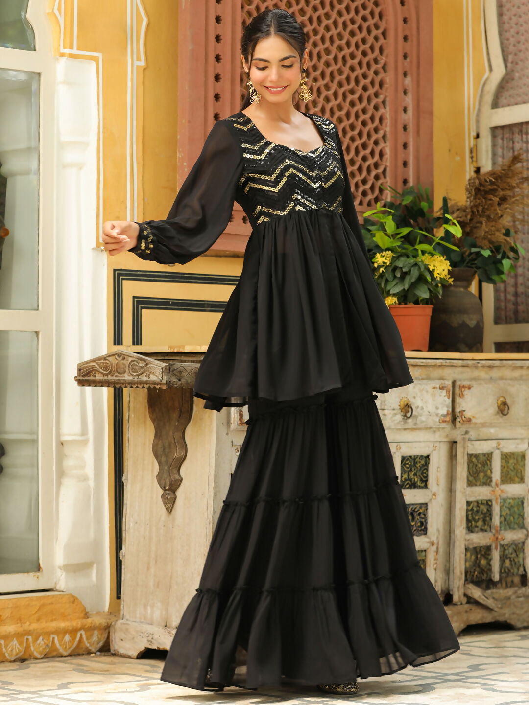 Janasya Black Georgette Sequined Tunic & Bottom | Swadesiicart