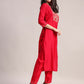 Aavyora Women's Red Embroidered Roman Silk Kurta, Palazzo & Organza Dupatta Set