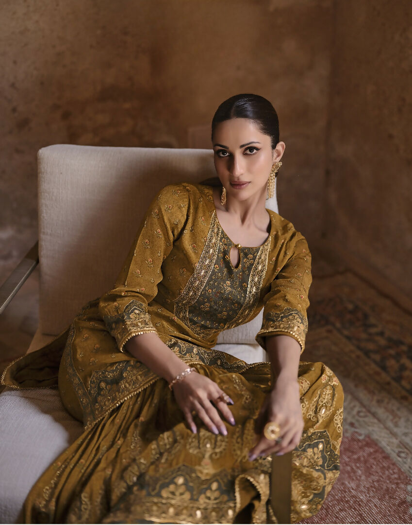 Anaita Mustard Silk Readymade Palazzo Suit with Swarovski Work