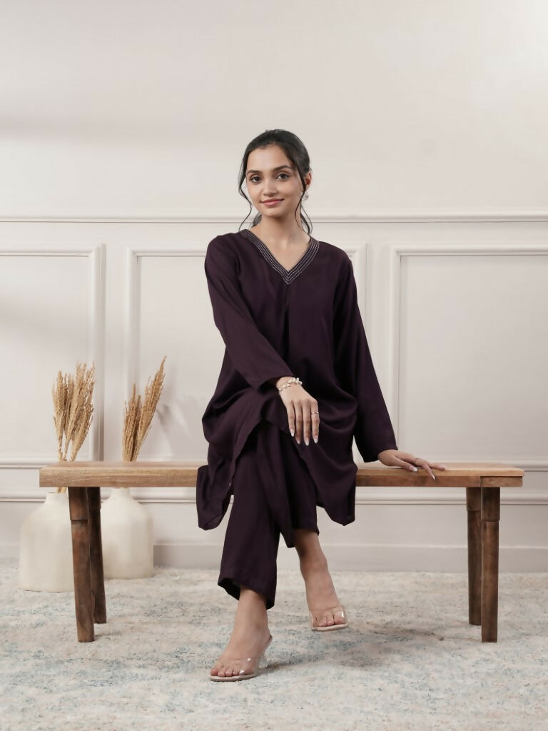 Joban Fashion Women's Rayon Wine V-Neck Co-Ord Set With Pant - Swadesiicart