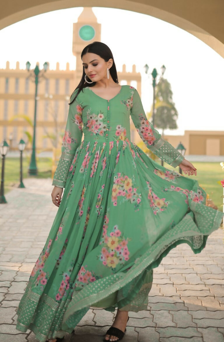 Jyoti Fashion Women's Green Digital Print with Sequence Zari Embroidered Faux Georgette Anarkali Dress | Swadesiicart
