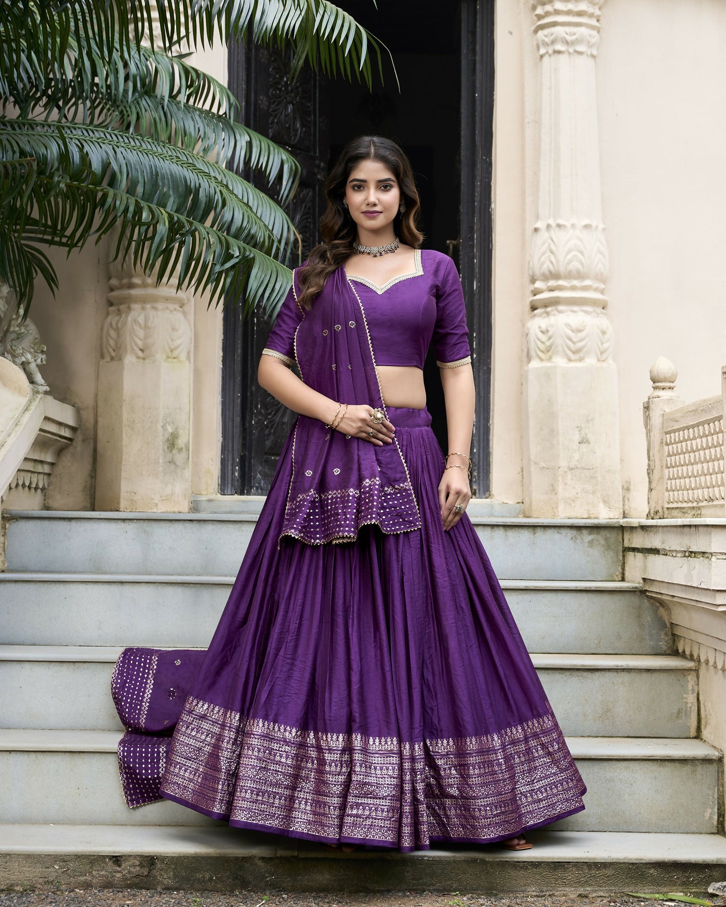 Lorenvalley Purple Pure Chanderi Plain With Zari Weaving Work Border Lehenga Choli | Swadesiicart