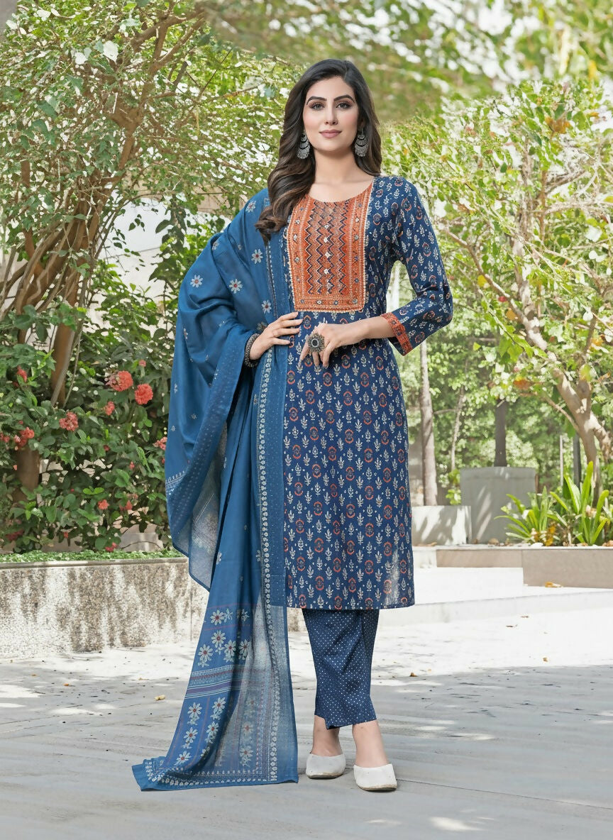 BulBul Aaliya Navy Cotton Kurta Set with Dupatta - Swadesiicart
