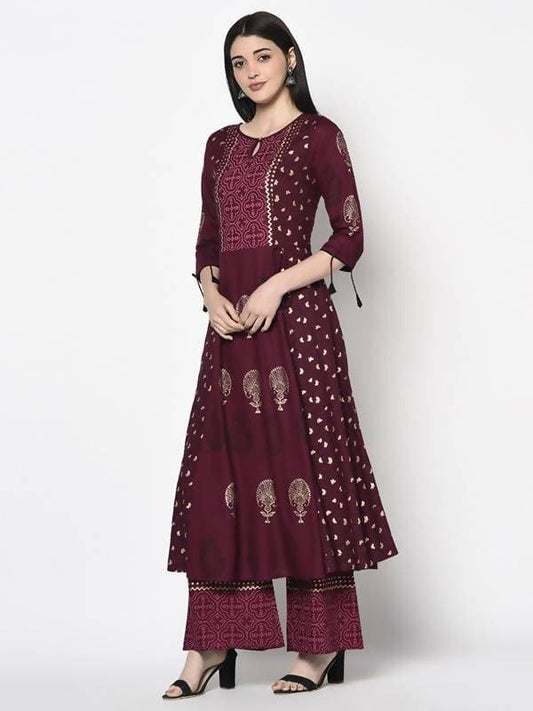 Aniyah Rayon Wine Color Block Print Anarkali Kurta (AN-172K)