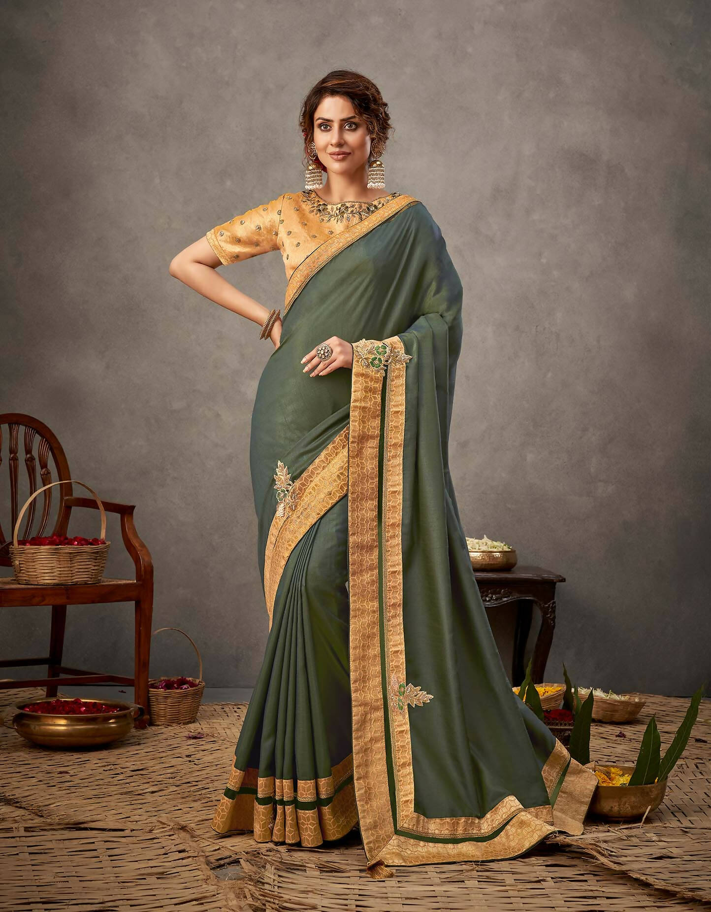 Moss Green Tusser Silk Resham, Cord And Sequins Embroidery, Handwork Butta Saree - Norita Arinya | Swadesiicart