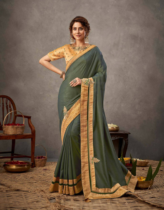 Moss Green Tusser Silk Resham, Cord And Sequins Embroidery, Handwork Butta Saree - Norita Arinya | Swadesiicart