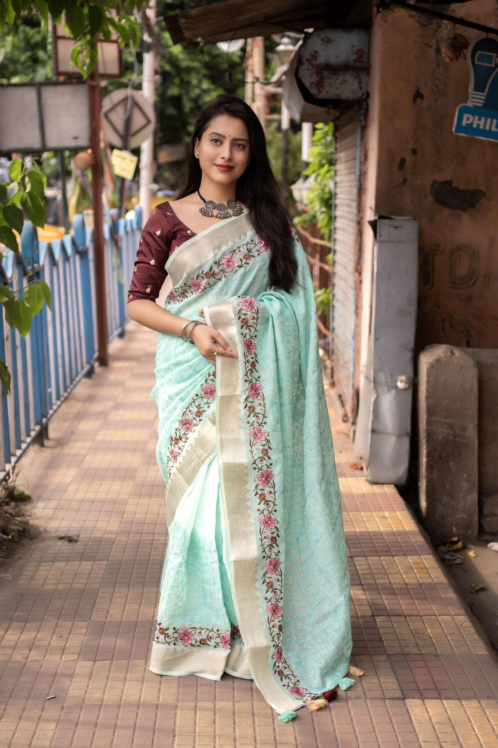 Blue Pure Linen Woven Design Saree with Unstitched Blouse - Hiral Fashion | Swadesiicart