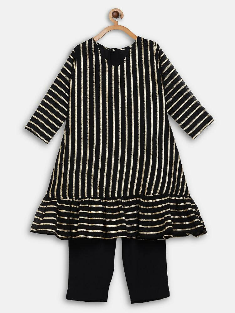 Ahalyaa Black Georgette Stripped Gold Printed Kids Kurta Pant Set For Girls | Swadesiicart