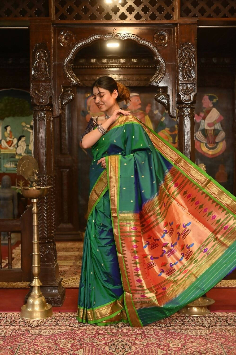 Very Much Indian Pure Silk Paithani - Dual Tone Blue Green | Swadesiicart