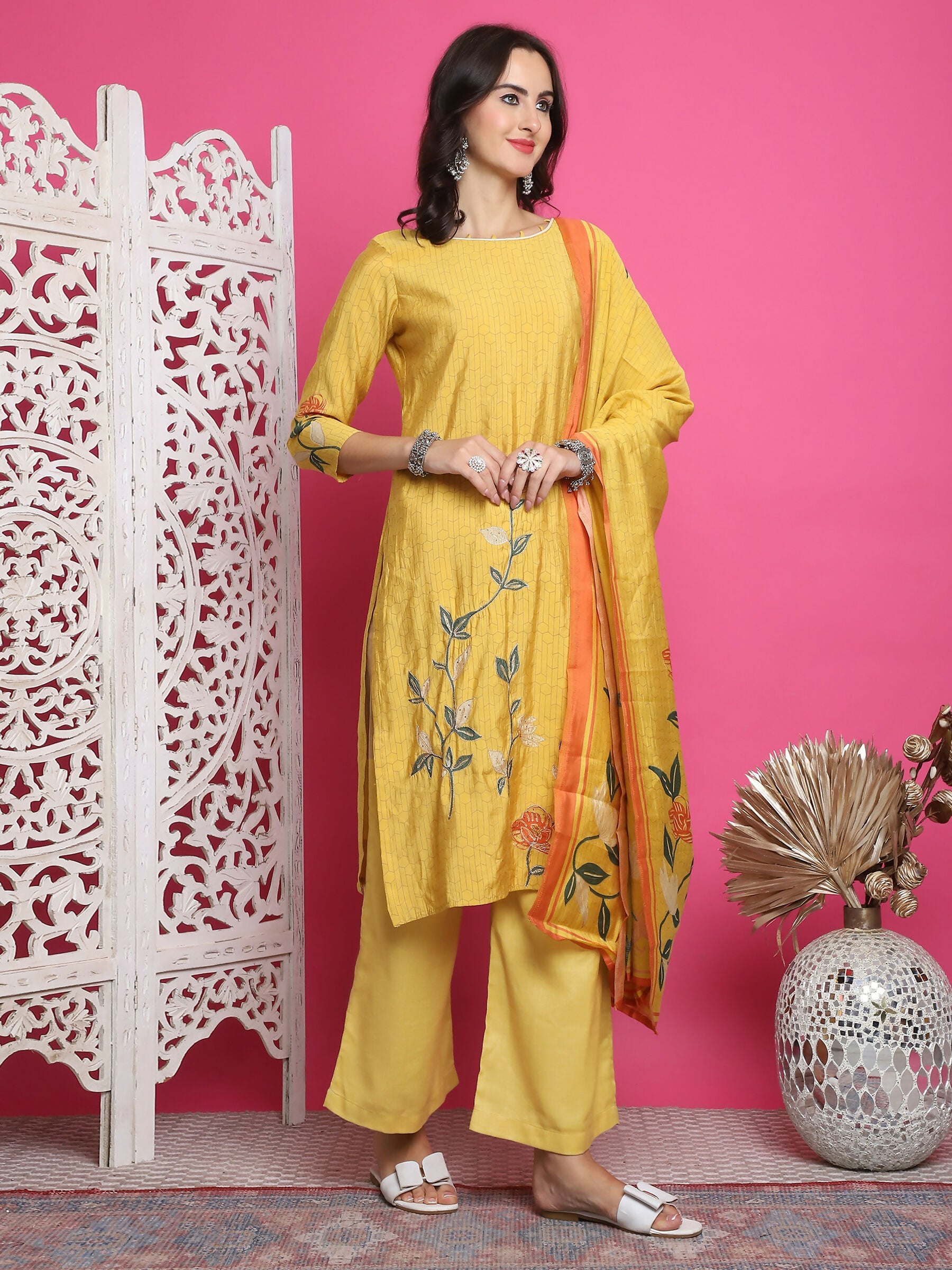Jyoti Fashion Women's Yellow Muslin Floral Print with Jari & Crystal work Kurta with Trouser & Dupatta | Swadesiicart