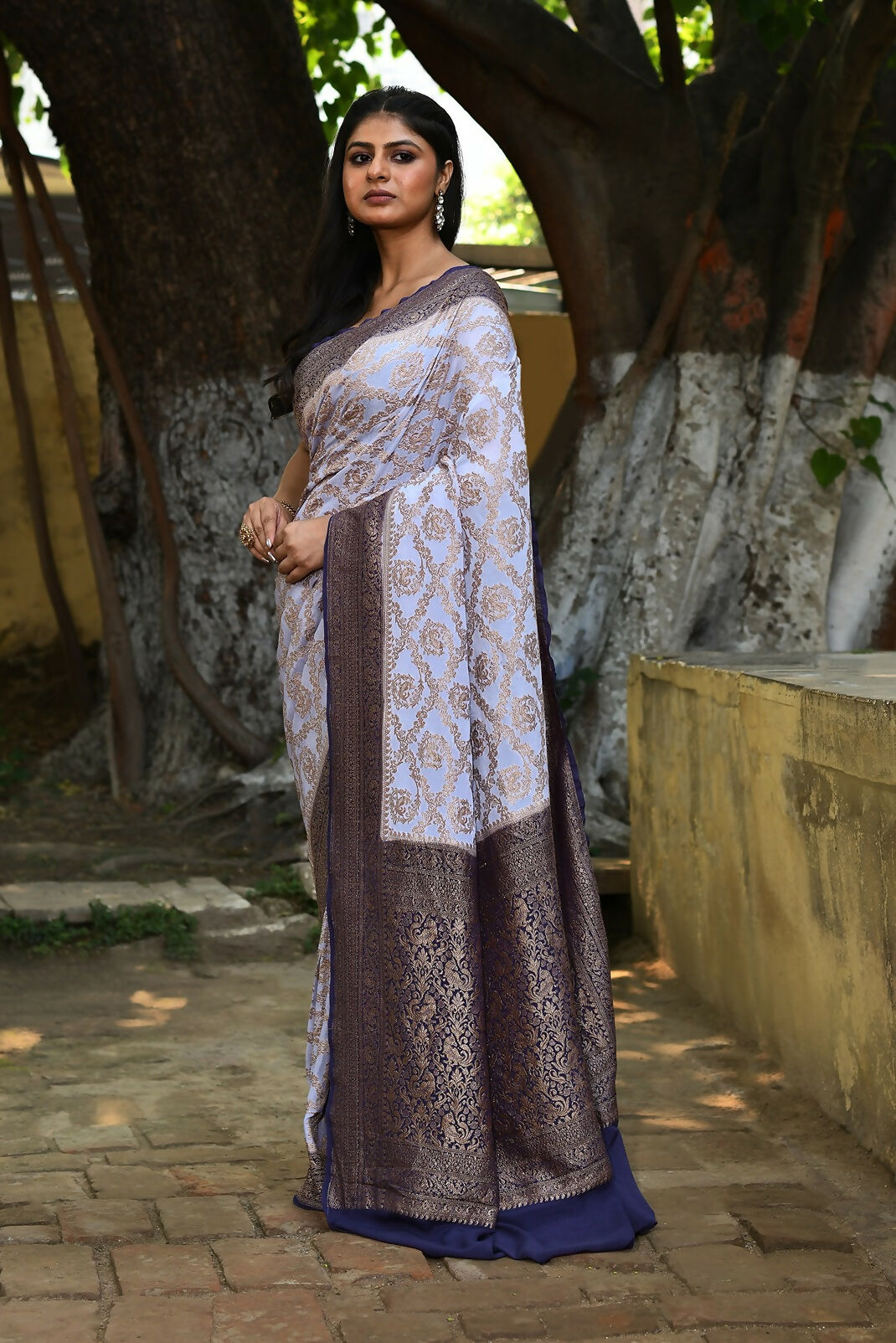 Joban Fashion Pastel Blue Crepe Chiffon Pure Handloom Banarasi Silk Saree | Swadesiicart