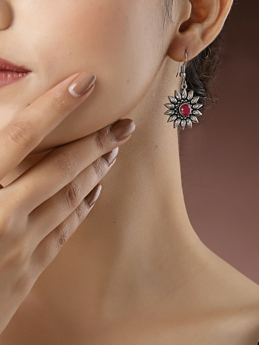 NVR Women's Silver-Toned Artificial Stones German Silver Oxidised Drop Earrings | Swadesiicart