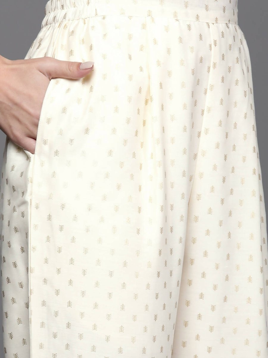Ahalyaa Women Printed Pleated Kurta with Trousers - Off White Color | Swadesiicart