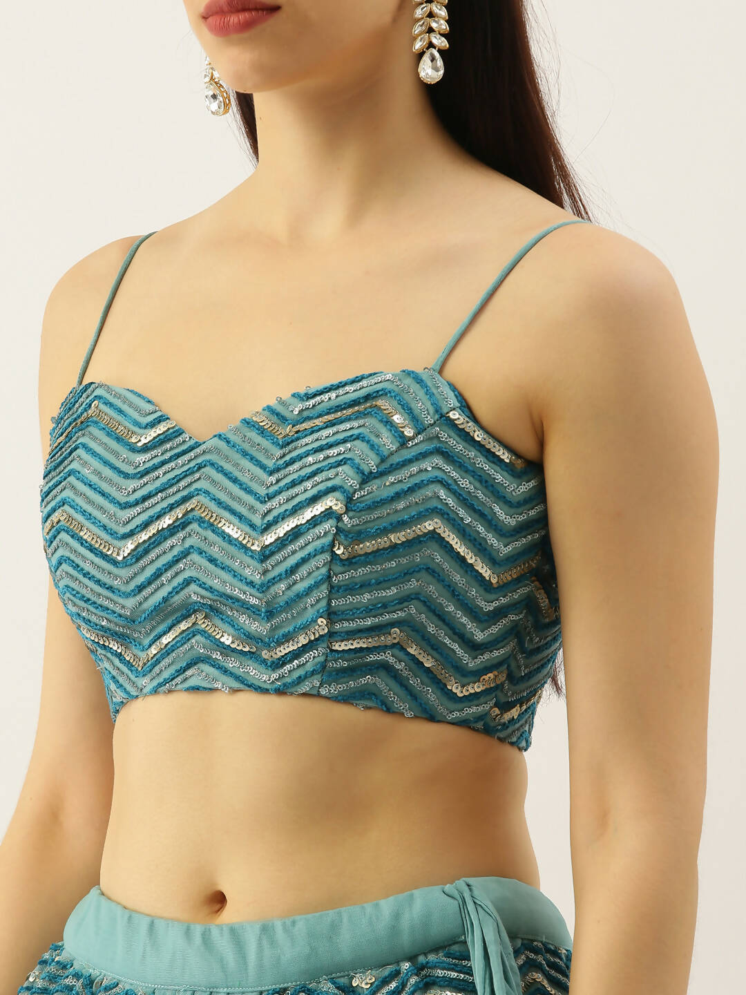 House of Panchhi Women Sea Green Net Zig-Zag Embroideried Lehenga, Blouse & Dupatta | Swadesiicart