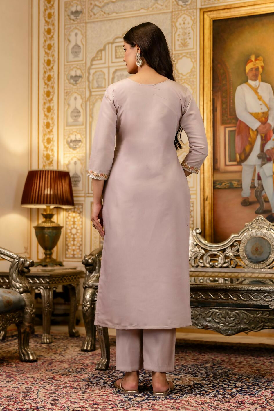 The52 Lavender Women's Beautiful Viscose Shimmer Fabric Embroidered Work Straight Kurta Pant and Dupatta Set - Swadesiicart