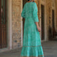 Juniper Women's Green Printed Embroidered Mirror Work Sequin Cotton Flared Dress | Swadesiicart