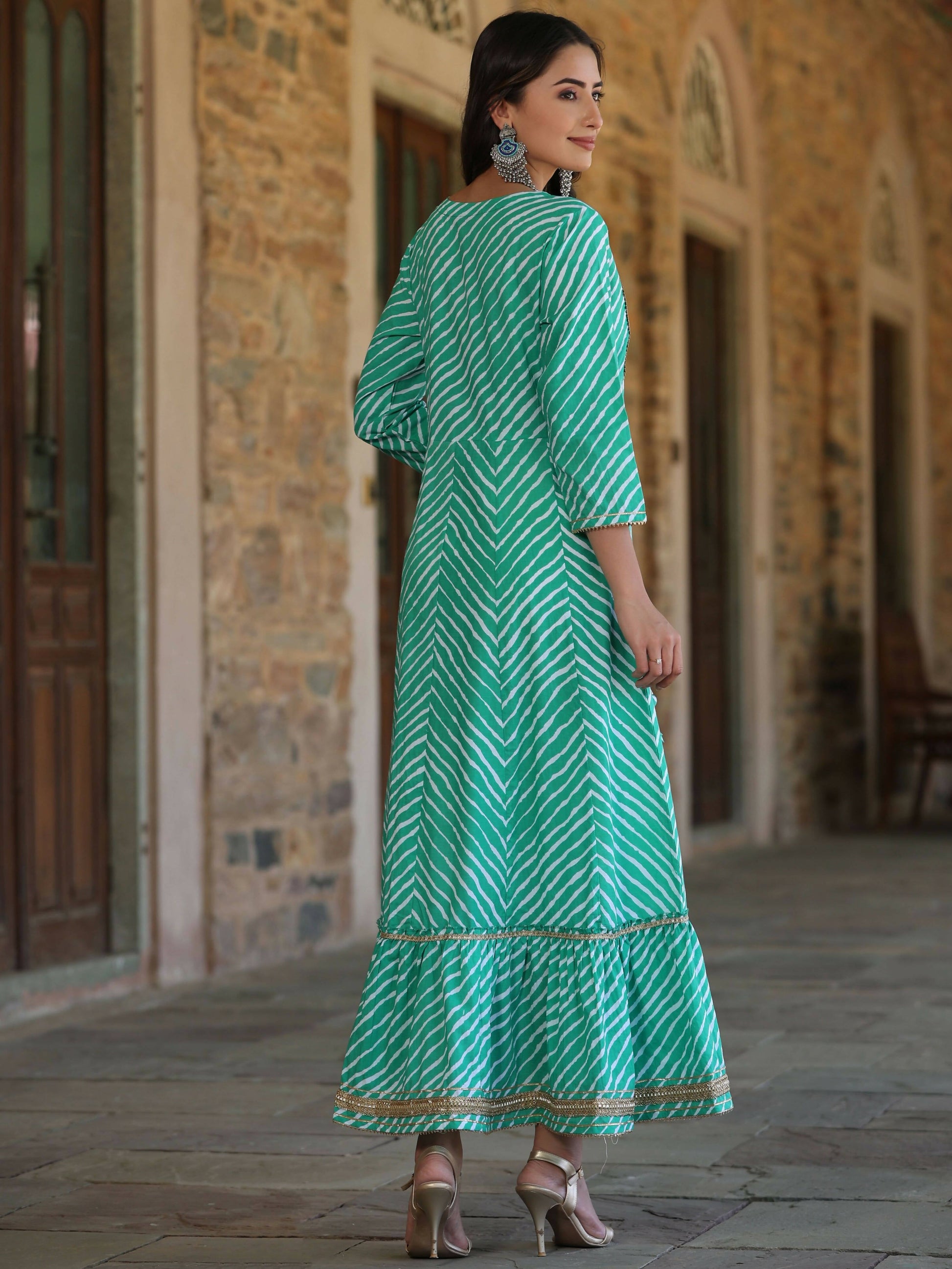 Juniper Women's Green Printed Embroidered Mirror Work Sequin Cotton Flared Dress | Swadesiicart