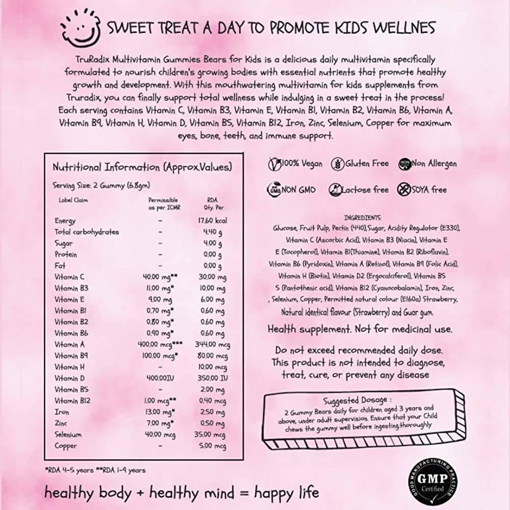 Truradix Kids Multivitamin Gummies-Strawberry Flavor - Swadesiicart
