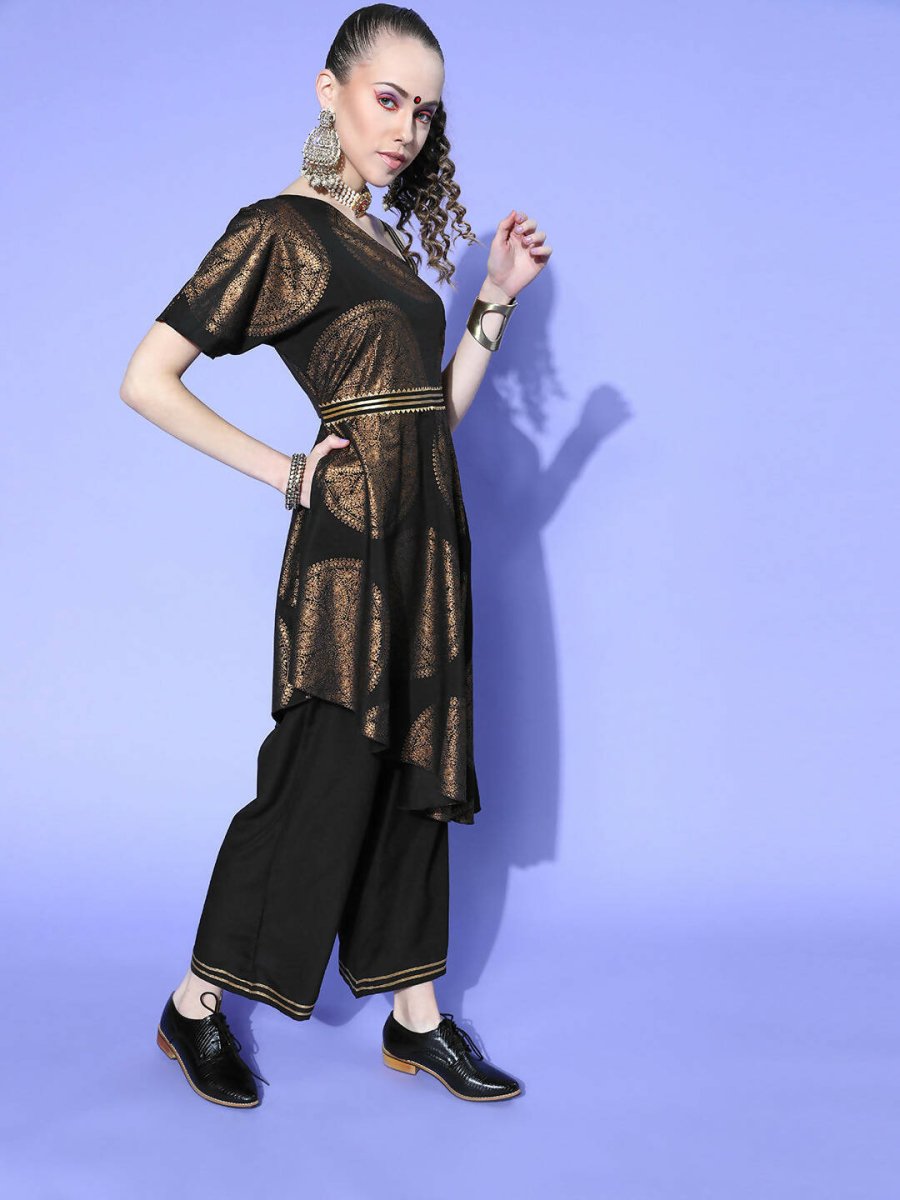 Ahalyaa Women Black Colour Crepe Printed Top Palazzo Set | Swadesiicart