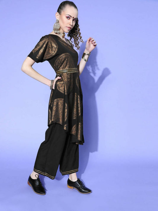 Ahalyaa Women Black Colour Crepe Printed Top Palazzo Set | Swadesiicart