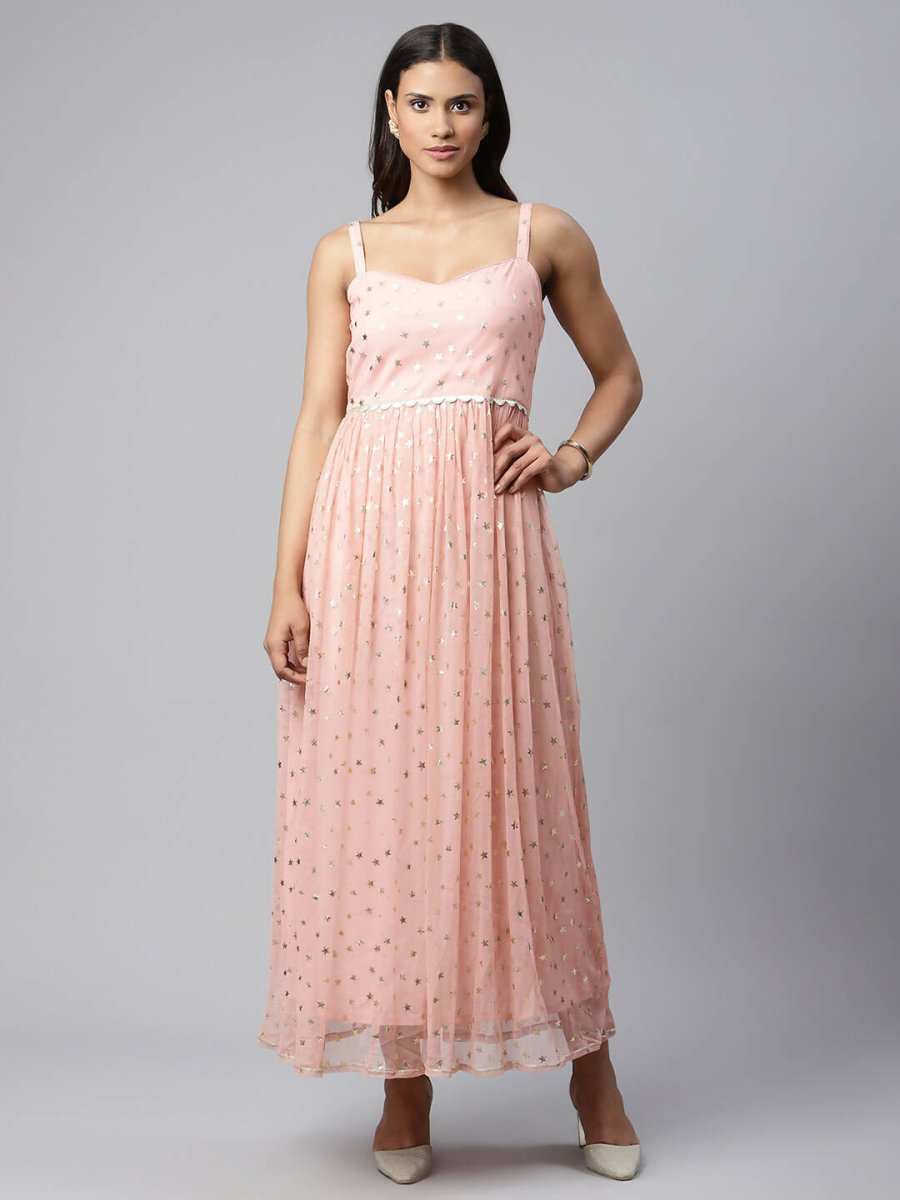Ahalyaa Women Pink Net Gold Foil Print Dress | Swadesiicart